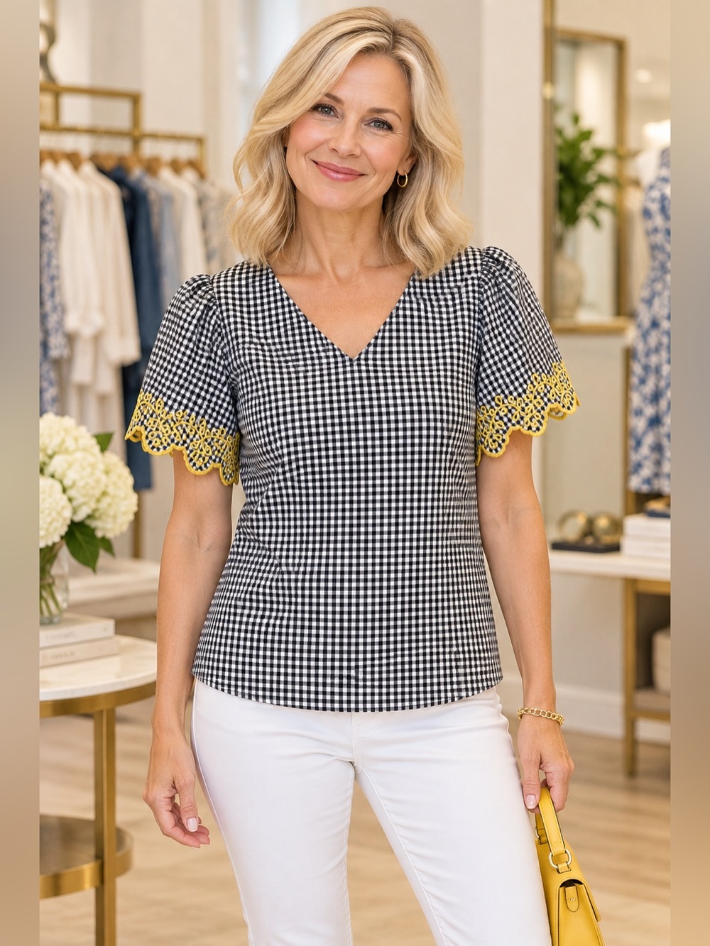 Ann Taylor Petite Gingham Puff Sleeve Yellow Embroidered Blouse SP